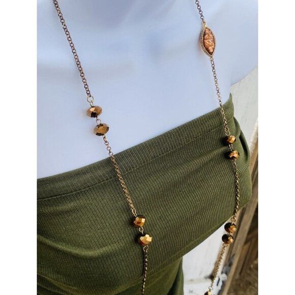 Vintage Women’s Faceted Glass Beaded Copper Long Station Chain Necklace 30” - Picture 7 of 8